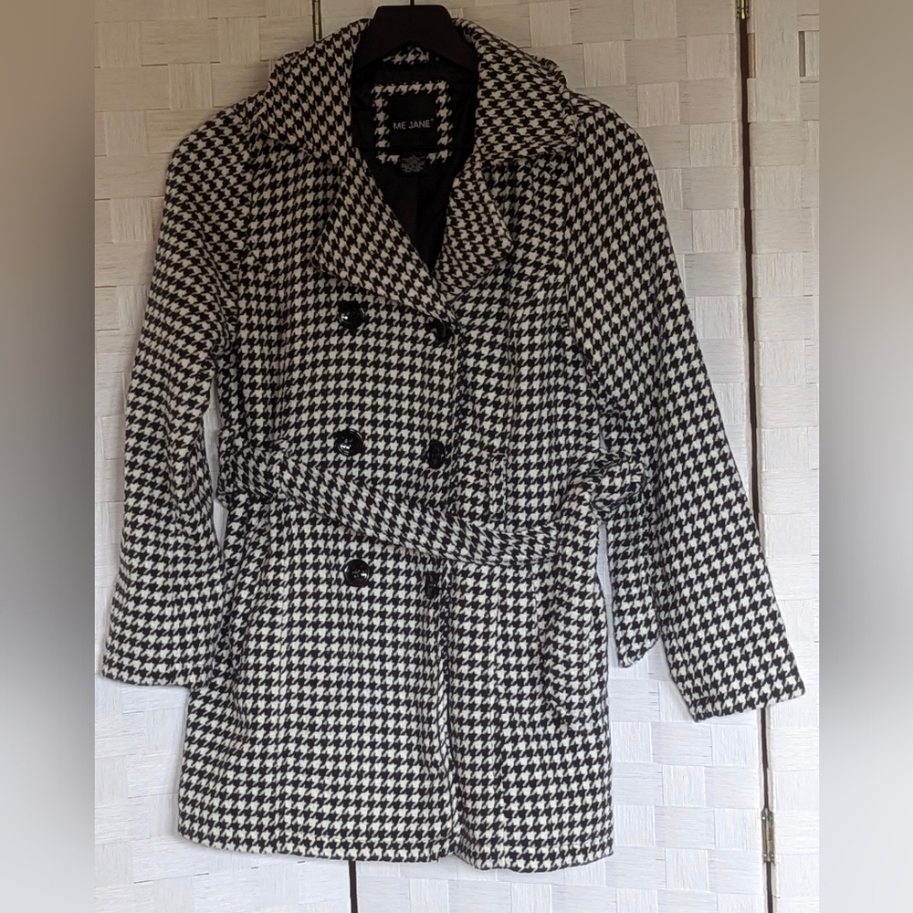 Me Jane White Black Houndstooth Women's Coat 16 So Soft Belted short Trench